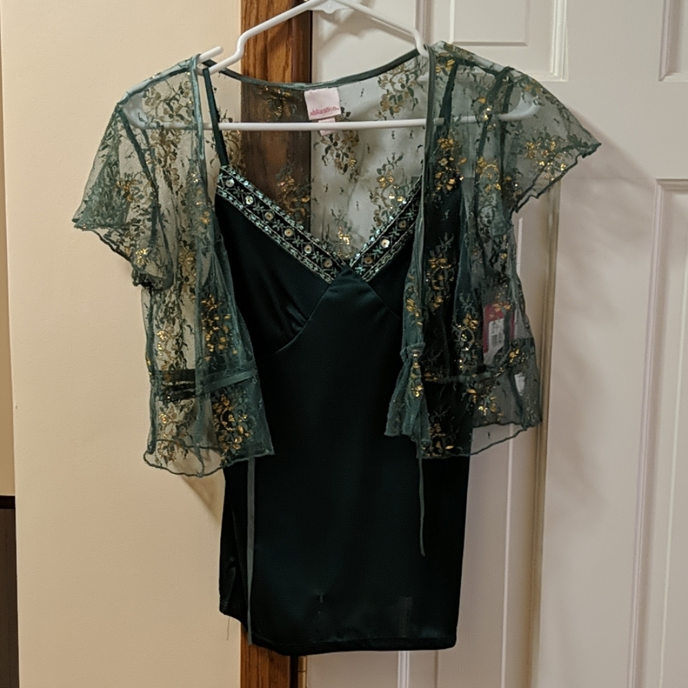 Tank top and sheer overshirt.